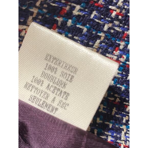 VTG 90s Talbots 100% Silk Bouclé Tweed Open Front Jacket Blue Red White Sz 8 USA - Picture 6 of 7